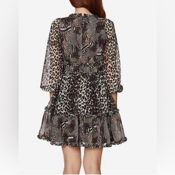 Betsey Johnson Leopard Zebra Print Ruffle Babydoll Dress Sheer Sleeve Sz 12 - Picture 2 of 6